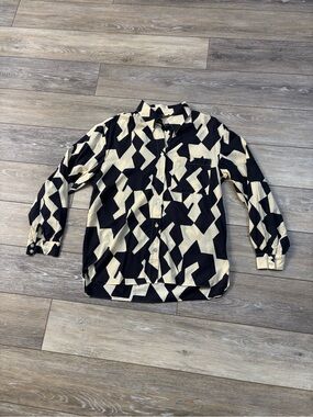 Zara Button Down Shirt Sz S Geometric Neutral Office Art Abstract Work Classic